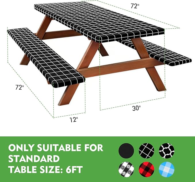 Picnic Table Cover with Bench Covers, Fitted 6ft Waterproof Tablecloth Set for Outdoor Camping & RV - Includes 1 Table Cover & 2 Bench Covers with Drawstring Storage Bag, 30"x72", White Black Grid
