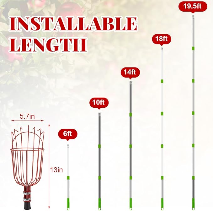 Colingmill 19.5ft Fruit Picker Pole with Basket, Telescoping Fruit Picking Tool with Soft Cushion, Extendable Harvester for High Trees, No Ladder Needed for Apple, Cherry, Orange, Citrus, Peach