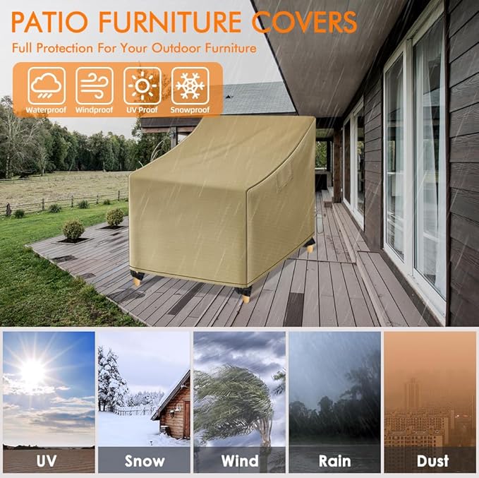 WLEAFJ Outdoor Chair Covers Waterproof, Khaki Lawn Patio Furniture Covers, Heavy Duty Wicker Garden Sofa Chair Cover, 2 Pack - 36" W x 37" D x 36" H