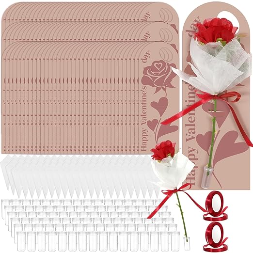 Eaasty 96 Set Valentine's Day Themed Single Rose Card Sleeve Gift Packaging Flower Holder with Floral Water Tubes Ribbon Floral Tissue Paper for Rose Packing