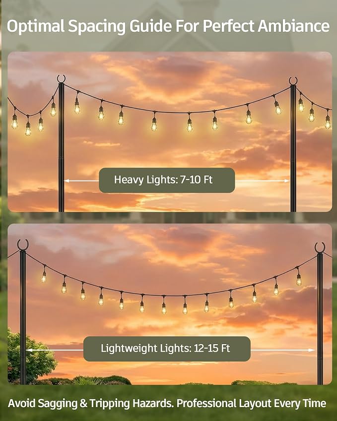 LAND·VOI String Light Poles 4 Pack, Heavy Duty Outdoor Light Poles with Upgraded 5‑Prong Base, Anti‑Bending Stable Design for Backyard Patio Garden Wedding Party Decoration