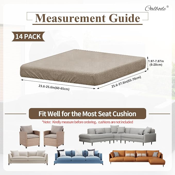 CALBODE 14Pcs Outdoor Stretch Cushion Covers,Waterproof Outdoor Chair Cushion Covers for Patio Furniture, Washable Jacquard Couch Covers Replacement for Patio Furniture(Khaki, Cover Only)