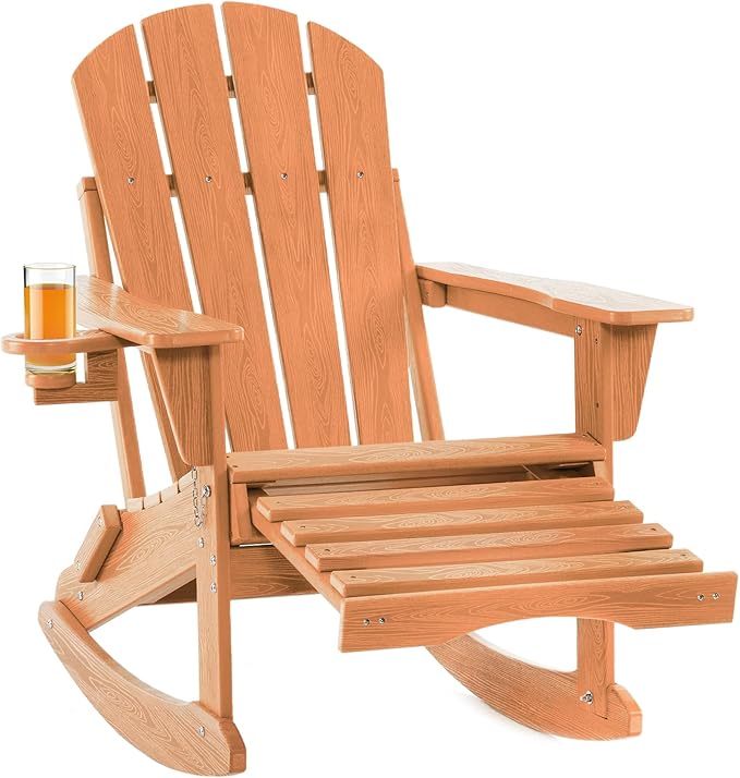 Folding Adirondack Rocking Chair,4-in-1 Multifunctional Patio Chair with Retractable Ottoman, Outdoor Chair Wood Texture, Lawn Chair for Porch, Backyard, Pool(Teak)