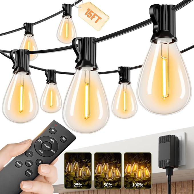 15FT LED Outdoor String Lights with Remote, One Continuous Strand Patio Lights with 8+1 Shatterproof S11 Bulbs, Dimmable 2200K Warm White, Timer & 3 Modes, Low Voltage for Backyard Garden