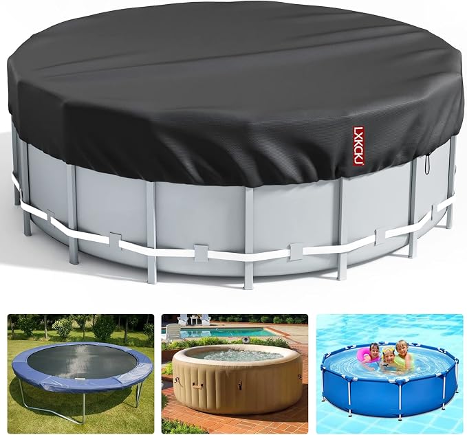 LXKCKJ 16 Ft Pool Cover for Above Ground Pools, Round 420D Oxford Tarp | Tear-Resistant, Waterproof , Windproof With Buckles & Ground Nails Set, UPF50+ UV Protection, Cold-Resistant, Keep Pool Clean
