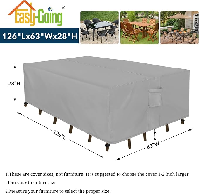 Easy-Going Rectangle Patio Furniture Cover Waterproof Outdoor Dining Table and Chair Cover Anti-UV Outside Sectional Sofa Set Covers (126"L x 63"W x 28"H, Grey)
