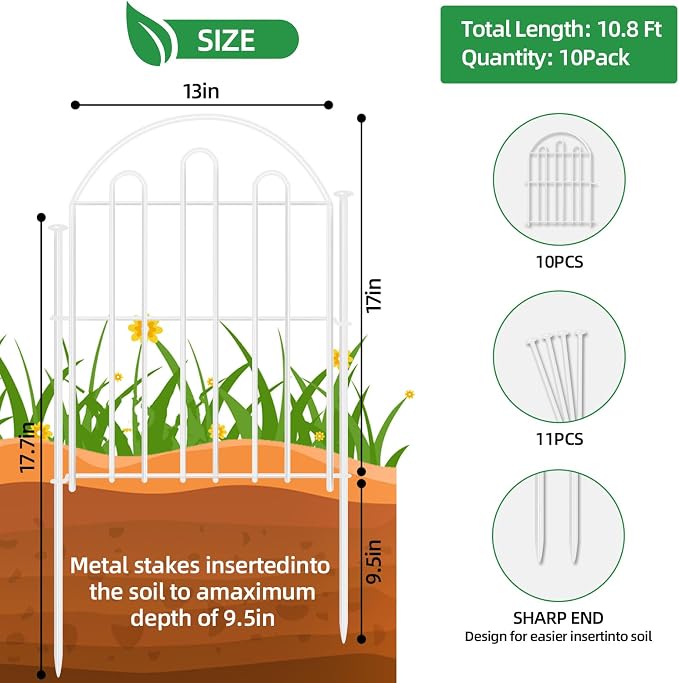 10 Pack Decorative Garden Fence, 26in x 10.8ft Arched No Dig Animal Barrier Fence for Dog Rabbit, Garden Edging Border, Rustproof Metal Ground Stake Border for Outdoor Yard Patio Decor, White