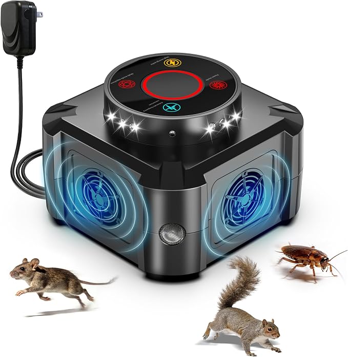 Mice Repellent Indoor Squirrel Repellent for Attic Ultrasonic Pest Repeller Plug in Electronic Rodent Repellent Devices Rat Deterrent Mouse Blocker Home Indoor Use 4 Ultrasonic Modes+12 LED Lights (1)