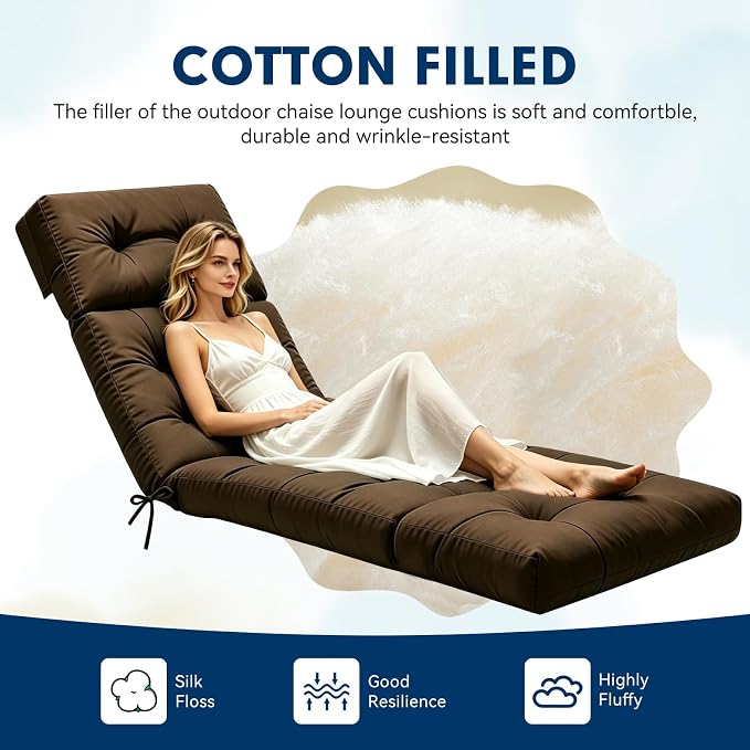 Non-Slip Outdoor Chaise Lounge Chair Cushion, Waterproof 74.4 x 22 x 4.7 Inches Lounge Chair Cushions for Outdoor Patio Furniture with Ties, Pool Chaise Lounge Cushions Replacement, Brown