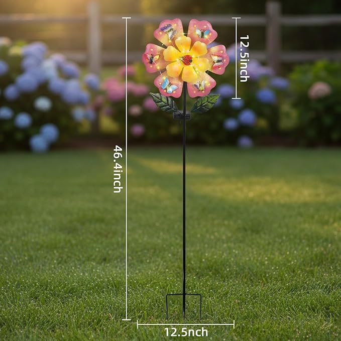 Giant Flower Garden Stakes Decorative with 50 String LED Lights and Butterflies, 46.7" Pink Solar Flowers Outdoor Waterproof for Yard Patio Lawn Decoration