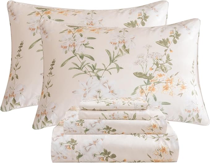 QSH Floral Queen Size Sheet Sets - 100% Egyptian Cotton Sheets Elegant Yellow Green Leaves Pattern Printed Bedding Sheets Queen Size Bed Extra Soft and Breathable 4pcs Deep Pockets Bed Sheets