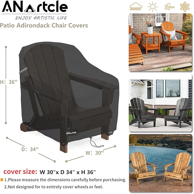 ANartcle Patio Adirondack Chair Cover 2 Pack,600D Waterproof Heavy Duty Outdoor Chair Covers,Adirondack Chair Covers(30W x 34D x 36H inches),Patio Furniture Covers,Black
