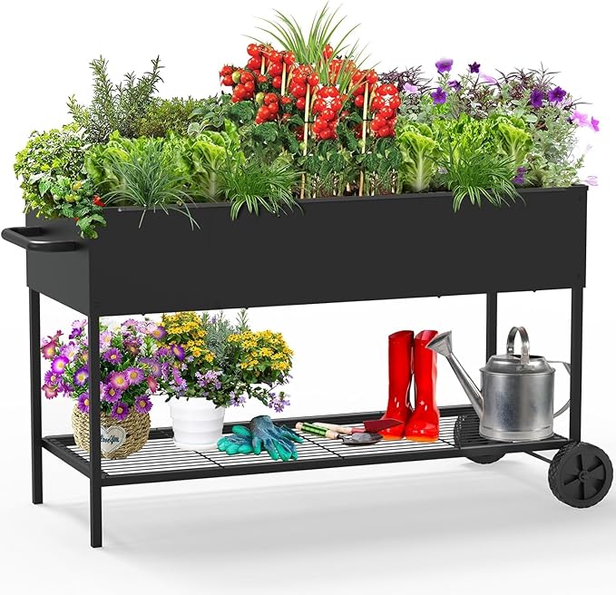 JWPEHOE 51 × 26 × 31.5 Inches Raised Garden Bed with Legs/Storage Shelf, Mobile Planter Box for Outdoor Plants, Elevated Garden Bed for Backyard, Balcony, Black