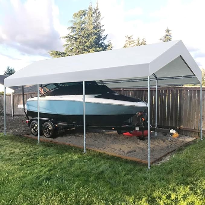 Upgraded Carport Replacement Canopy Cover for 10’ x 20‘ Car Tent Top Garage Shelter Cover Tarp with Ball Bungees (Only Top Cover, Frame Not Include) White