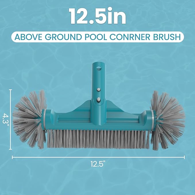 POOLWHALE 12.5” Pool Brush Head with Round Ends, Plastic Pool Brushes for Cleaning Above Ground Pool Walls, Stairs & Corners, Safe for Vinyl Liner(No Pole)