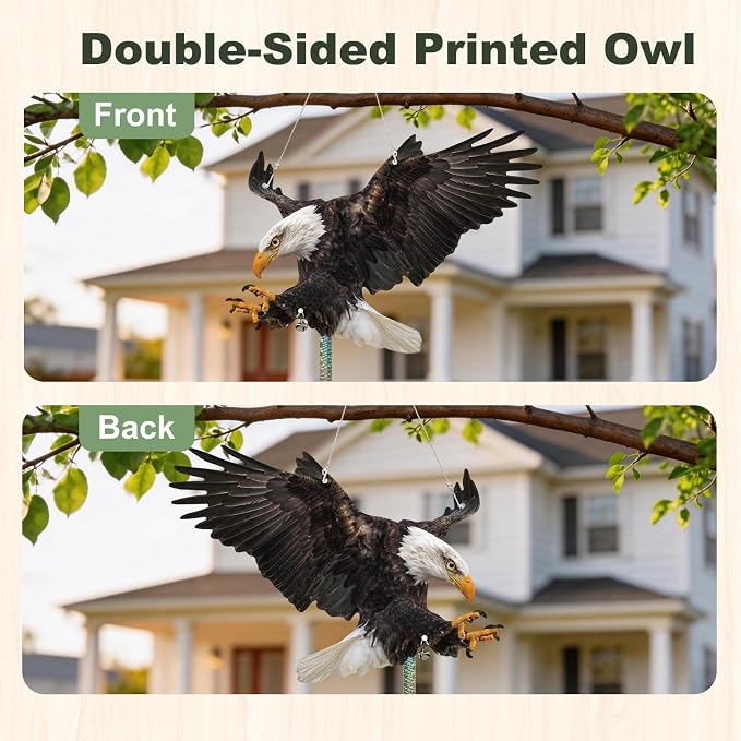 2 Pcs Eagle to Keep Pigeon Woodpecker Animals Away, Flat Paper Hanging Fake Eagle with Reflective Tape for Scare Animals Away, Weatherproof Outdoor Decor for Patio Backyard Porch Balcony Orchard
