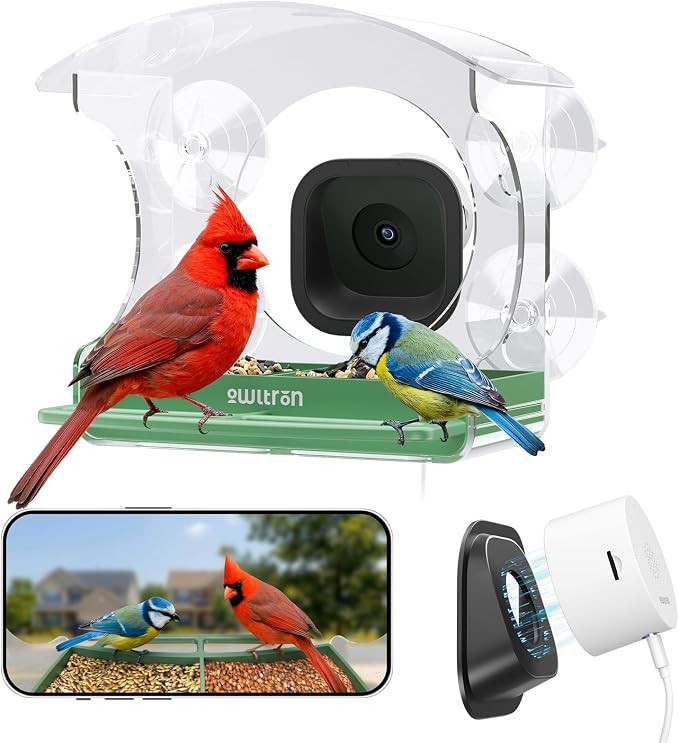 owltron Window Bird Feeder with Camera, 2K 3MP Window Bird Friends Feeder with AI Identify 10000+ Birds 2.4/5GHz WiFi 24/7 Live View Recording 147°Ultra Angle for Elderly Parents, Kids, Birding Lovers