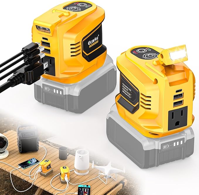 Ecarke 200W Portable Power Inverter Compatible with DeWALT 20V Battery, DC 18V to AC 110V Power Station with 1 AC Outlet, 2 USB, 1 Type-C & LED Light, for Outdoor Emergency Use (No Battery)(2-Pack)