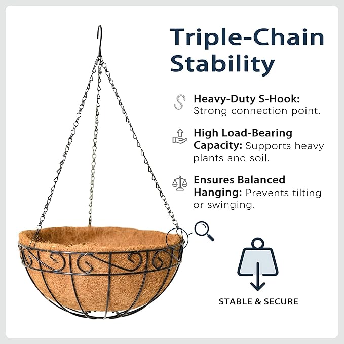 4 Pack 14 Inch Metal Hanging Planter Basket，Natural Round Coconut Hanging Plant Flower Pot，Coconut Coir Planter for Hanging Basket Flowers/Vegetables Home Garden Patio Decoration Flower