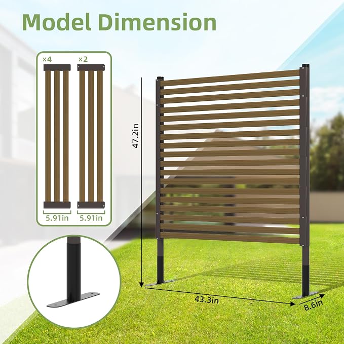 Outdoor Privacy Screen Freestanding with Base Feet,3.6ft×4ft Wood Grain Metal Decorative Privacy Fence Panels for Patio Backyard Garden,Dark Brown