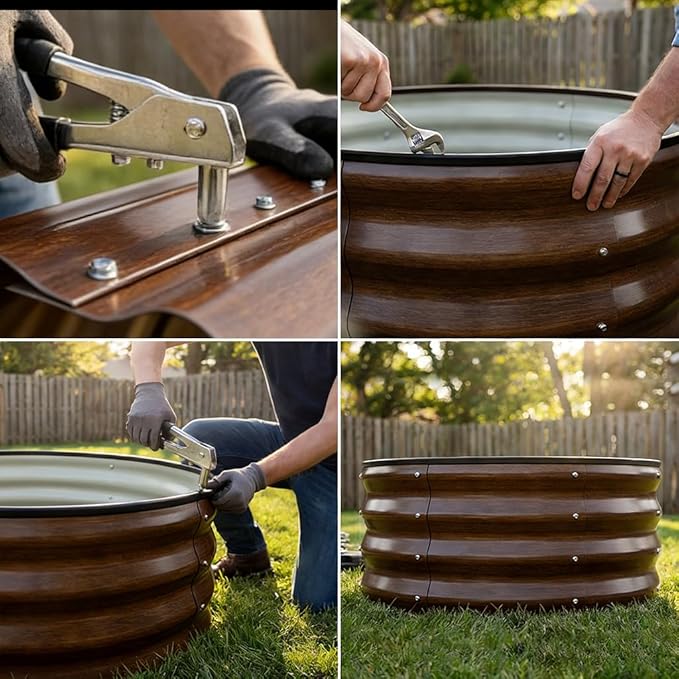 COMHOMA 3 Pack Round Raised Garden Bed 2x2x1ft,Galvanized Metal Planter Box Kit for Outdoor Gardening,Vegetable Flower Herb Growing Beds with Gloves Tools,Brown