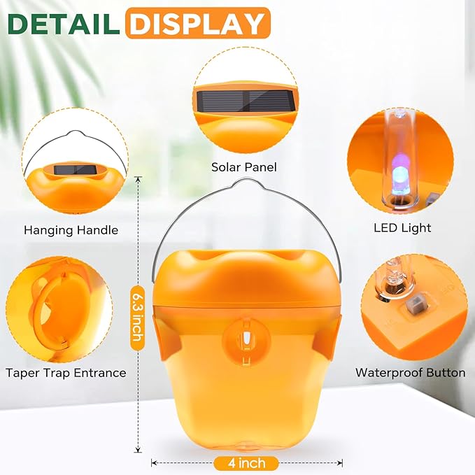 Wasp Trap, Solar Wasp Traps Hanging, Reusable Yellow Jacket Trap with LED Light, Wasps Killer, Bee Hornet Traps for Outside Orchard, Farm, Garden, Patio, Courtyard (4, Yellow)