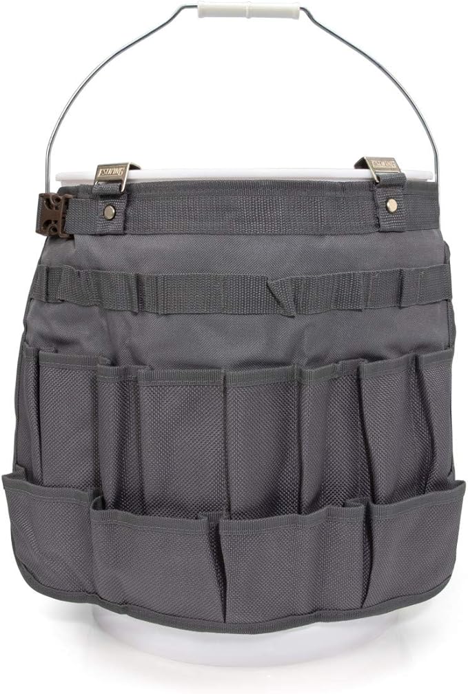 Estwing 28-Compartment 5-gallon Bucket Tool Organizer/Tool Bag, Durable Polyester, Heavy-Duty Steel Hangers, Zippered Pocket, 16 Open-top Pockets, 11 Tool Loops, Buckle Security Strap