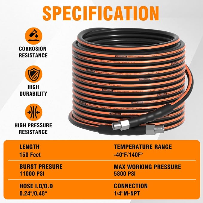 150FT Sewer Jetter Kit for Pressure Washer, 1/4" NPT Corner Drain Cleaner Hose 5800 PSI with Sewer Jetting Nozzles, Pearl Corsage Pin, Waterproof Tape, Extension Cord Organizer&2 Spanner