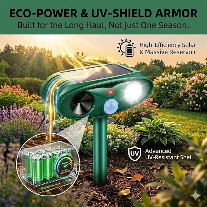 4 Pack Upgraded Sonic Fortress Pro Deer Repellent Cat Deterrent Outdoor Solar Ultrasonic Animal Repeller with Motion Sensor Strobe Light for Skunk Rabbit Raccoon Squirrel Fortress Pro for Yard Garden