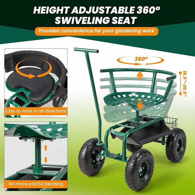 Rolling Garden Seat with Wheels, Garden Cart with 360° Swivel Seat for Planting, Garden Stool Scooter with Replaceable Handle & Removable Cushion, Height Adjustable Outdoor Gardening Workseat