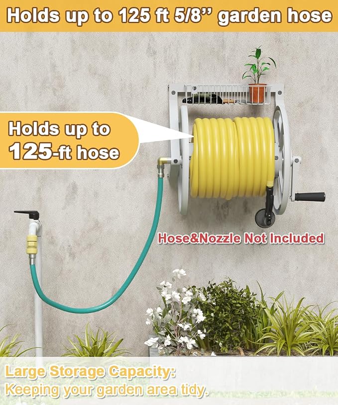 Artigarden Triangle Wall Mounted Garden Hose Reel, Outdoor Heavy-Duty Water Hoses Holder Winder, Holds 125 Ft of 5/8-Inch Hose, with 3.9 ft Leader Hose, Brass Fitting, Storage Basket for Yard, White