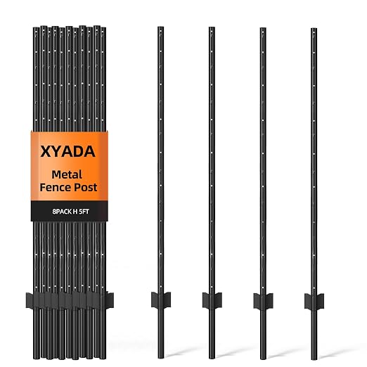 Metal Fence Post 5feet, Heavy Duty Garden Fence Post for Holding Wire Fence, Sign U Post Pack of 8 Sturdy Outdoor No Dig Fence Post for Garden Yard – Black