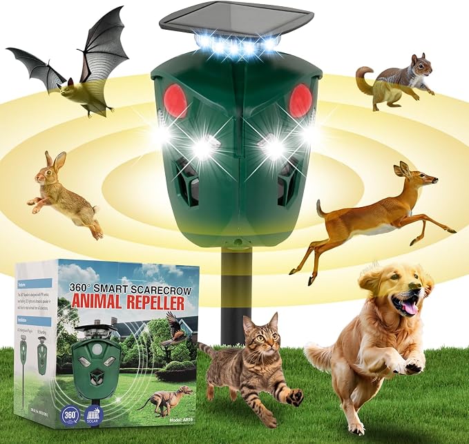 Solar & USB Powered Ultrasonic Animal Repeller, 360° Outdoor Motion-Activated Deterrent with 3 PIR Sensors & Flashing LED Lights, Waterproof Pest Repellent for Yard & Garden