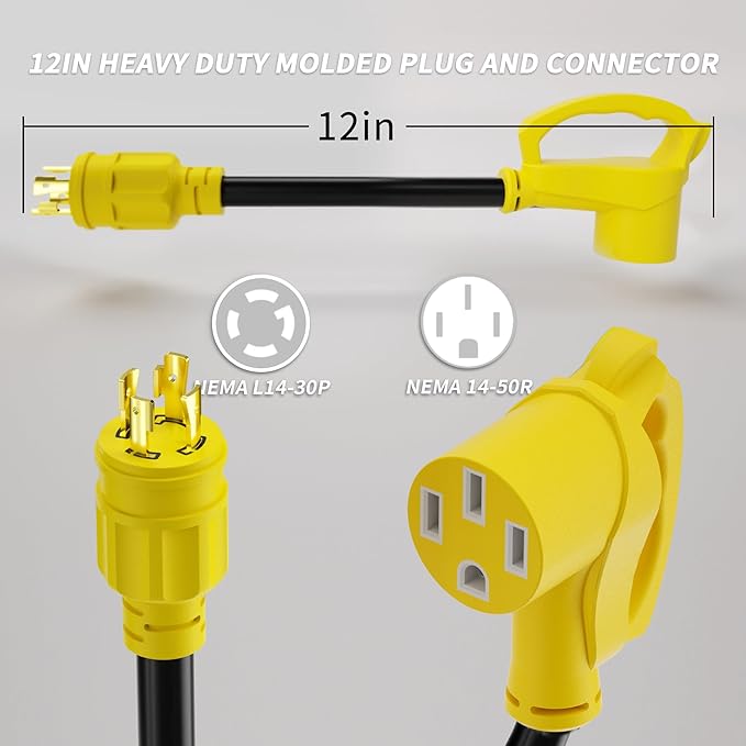 PlugSaf 4 Prong 30 Amp to 50 Amp RV Generator Adapter Cord, NEMA L14-30 Twist Lock Male Plug to NEMA 14-50 Female Plug, 12 Inch(1 FT) 10 Gauge STW Power Cord, Max 30A 125V/250V, Yellow, ETL Listed
