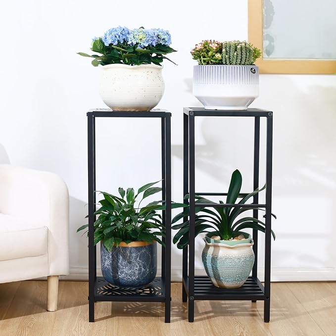 Party Zealot 2 Packs of 2-Tier Tall Metal Square Plant Stand 31” Heavy-Duty Modern Flower Pot Rack for Indoor Living Room, Corner Side Table for Outdoor Patio, Garden Planter Holder, Black, Leaf