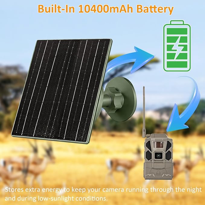 Zivif Solar Panel Charger for Trail & Hunting Cameras, 10W 3.7V 10400mAh Built-in Battery, 6V/12V Adjustable Output, Universal Adapter Cables (DC5521, DC4.0x1.7mm, DC3.5x1.35mm, Type-C)