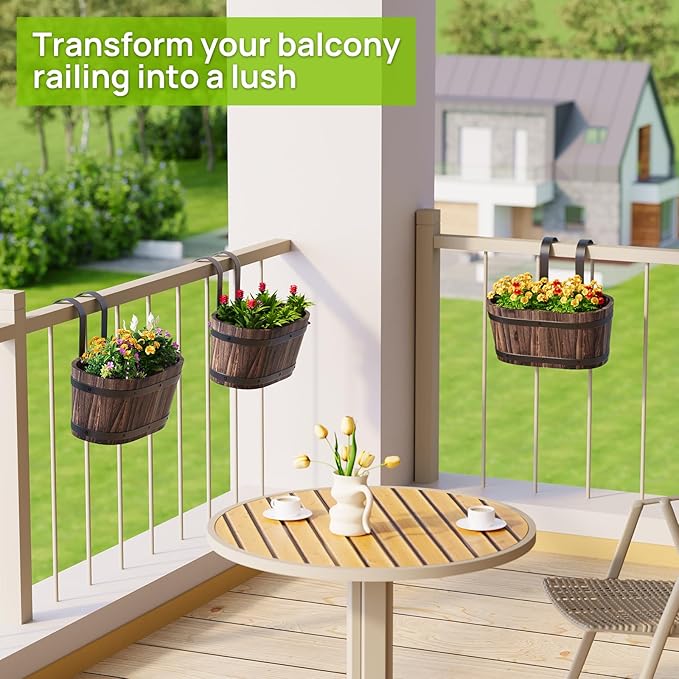 Wooden Hanging Planter for Railing Fence Outdoor Planter Railing Planter Boxes for Plants Wall Planters Window Flower Box Hanging Bucket Pots Countryside Plant Holder (Carbonized,1pcs,Small)