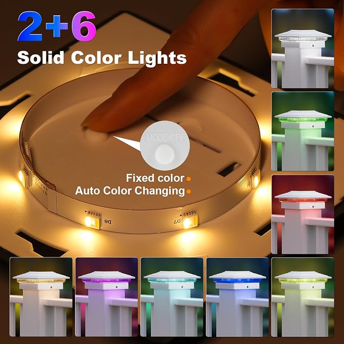 APONUO Solar Post Cap Lights Color Changing - RGB 8 Solid & Gradient Colors, IP65 Waterproof, for 4x4 5x5 6x6 Wood Vinyl Fences, Deck, Patio, Yard, White, 6 Pack