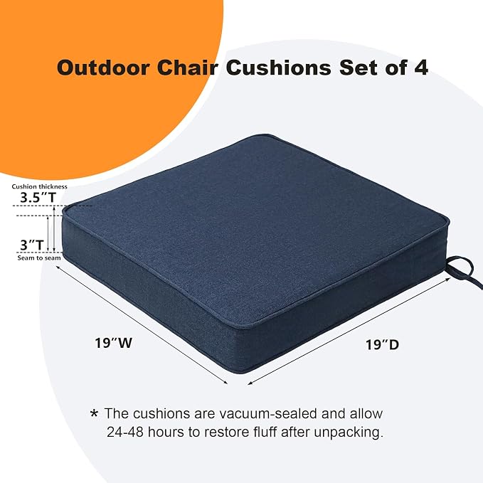 Sunbrella Square Corner Seat Cushions, 19" x 19" x 3", Set of 4, Indoor Outdoor Water Repellent Universal Chair Pads with Ties for Patio Furniture, Garden Deck Dining Chairs, Canvas Navy Blue
