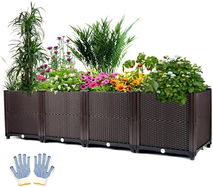 Emalie Deep Raised Garden Beds Large Plastic Planter Box with Drainage Plugs for Veggies Flowers Herbs Deep Root Plants Growing, 63.0" Lx15.7 Wx16.9 H Brown