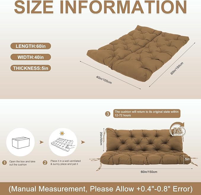 Porch Swing Cushions 60 inch Waterproof & Fade Resistant Thicken 5" Outdoor Swing Cushions 3 Seater Replacement with Backrest & Ties Patio Swing Cushions for Outdoor Furniture (Brown)