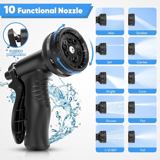 CXEZSIK Garden Hose, Water Hose with 10 Function Nozzles, No Kinks, Flexible Hose, Lightweight, Puncture Proof Hose for Yard and Outdoor（53FT）