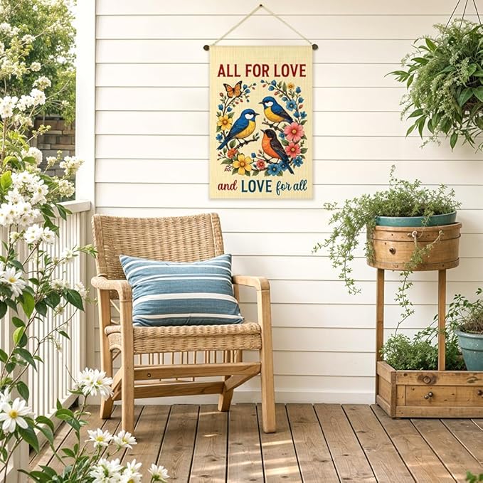 All For Love And Love For All Garden Flag Double-Sided Yard Outdoor Decoration 12x18 Inch, Bird Flower Autumn Garden Flag, Inclusion Kindness Equality Pride Month Decoration Banner