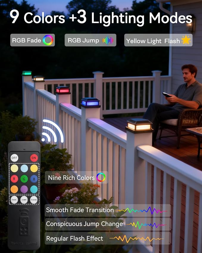 Solar Post Cap Lights with Remote 12 Pack, 9 Colors 3 Modes Changing Solar Deck Lights Outdoor Waterproof, 4x4 Post Solar Lights Fits 4x4/5x5 Wood/Vinyl Fence Deck Posts,Backyard,Garden,Fence