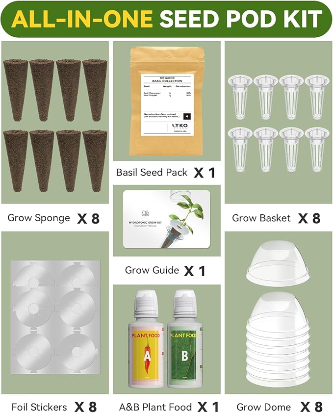 Hydroponic Basil Seed Pod Kit Compatible with AeroGarden, Ahopegarden, LETPOT, GARDENCUBE, CYBSDF, owltron, inbloom Indoor Growing System, 8-Pods Complete Kit with Genovese & Purple Basil Seeds