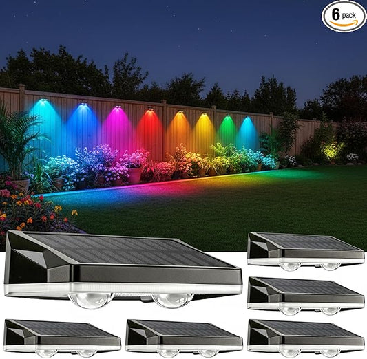 Solar Fence Lights Outdoor 11 Colors & 2 Changing Modes, 6 Pack Fence Lights Solar Powered Waterproof IP65, LED Deck Lighting 20 Hours of Runtime for Garden, Patio, Deck, Pool, Wall