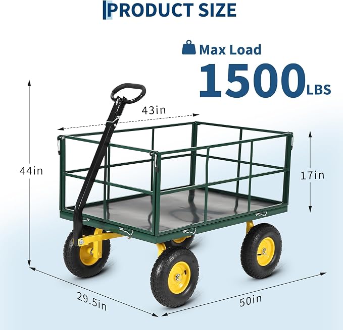 Garvee 1500 LB Garden Wagon Cart with 13 in All Terrain Tires, 3-in-1 Yard Wagon Cart with Removable Side Panels, Heavy Duty Outdoor Metal Utility Wagon Yard Trailer for Outdoor Lawn, Yard, Backyard