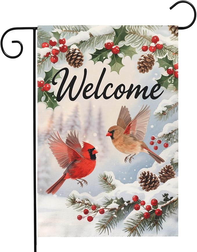 Welcome Winter Garden Flag 12x18 Inch Cardinal Bird Xmas Holiday Seasonal Theme Decorative Yard Flags for Outside Double Sided Outdoor Home Farmhouse Decoration Porch New Year Decor
