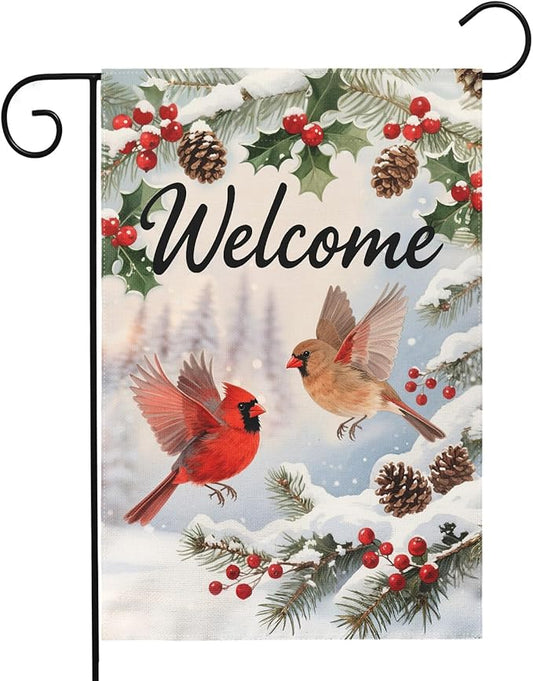 Welcome Winter Garden Flag 12x18 Inch Cardinal Bird Xmas Holiday Seasonal Theme Decorative Yard Flags for Outside Double Sided Outdoor Home Farmhouse Decoration Porch New Year Decor