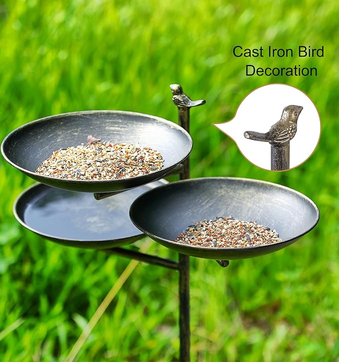 44”H Bird Bath and Feeder for Outdoor with Stake, 3-in-1 Metal Birdbaths with 4-Prong Stake, for Outside Yard Garden Patio